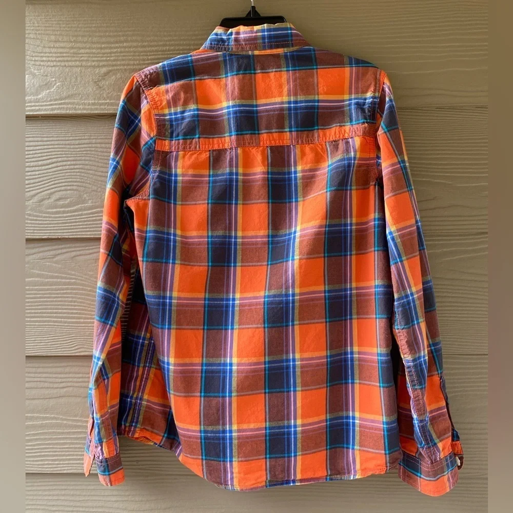 OshKosh B'Gosh Boys' Orange Blue Plaid Woven Buttonfront Cotton Shirt Size 14